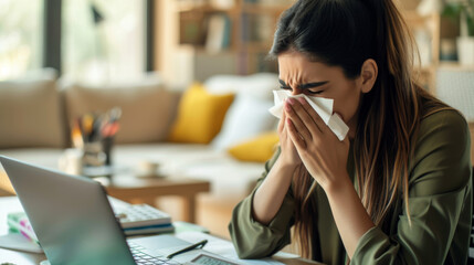 woman sitting at a desk in front of a laptop, blowing her nose into a tissue, possibly suffering from a cold or allergies, with a vase of flowers and a bright interior setting in the background.