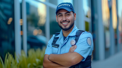 smiling security guard with a beard, standing confidently with his arms crossed