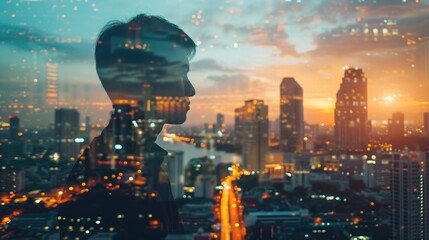 The double exposure image of the business man standing back during sunset overlay with cityscape image, The concept of modern life, business, city life and internet of things, generative ai - obrazy, fototapety, plakaty