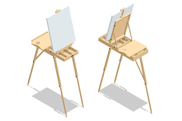 Isometric Clean Canvas on a wooden easel isolated on a white background. Art, creativity, hobby, job and creative occupation