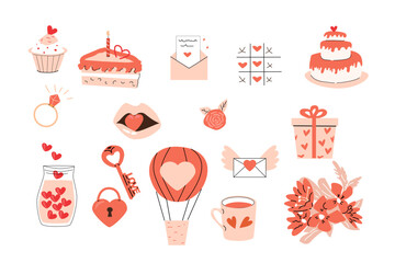 Romantic set of love items letter, key, cake, gift. Vector illustration isolated. Aero baloon, lips, jar with heart, tic toe game doodle, flowers, mug, ring - romantic elements for valentines card. 