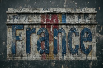 A weathered sign, bearing the word France, with bold and faded letters.