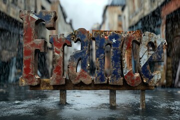 A weathered and corroded metal sign displaying the word justice in bold letters.