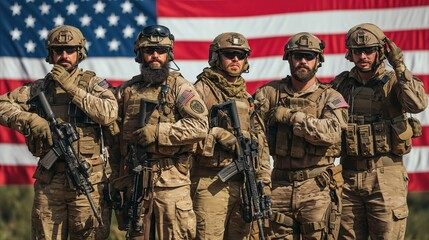 A group of soldiers from the USA, dressed in military special forces uniforms, stand in front of the American flag. - obrazy, fototapety, plakaty