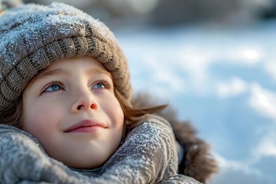 A portrait of a cute, smiling Caucasian child, wearing a winter hat and scarf.