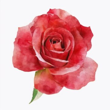 Red rose flower and leaves. Watercolor illustration on white background. Generative AI.