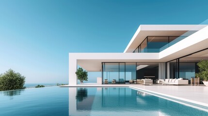 Fototapeta premium A sleek, modern luxury home featuring expansive glass walls, minimalist design, and an inviting infinity pool with a clear blue sky background.