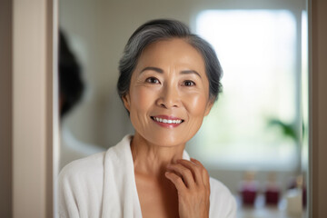 Beautiful retired Asian woman standing in bathroom after shower looking at reflection in mirror.