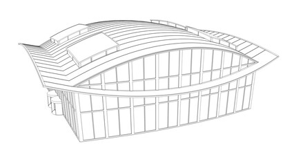 Contour of isometric mockup business center, commercial, exhibition, sports building with glass facade and rounded roof. 3d illustration isolated on white