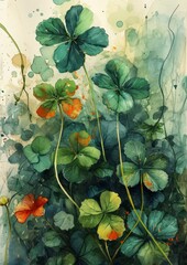 St. Patricks Day Greeting card of Clovers watercolor illustration. Clovers illustration. St. Patrick's Day Cards & Greetings.