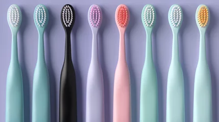 Foto auf Acrylglas colorful toothbrushes on lila background  © deniew