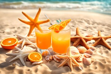 Cocktail, orange juice, starfish and shells on the beach