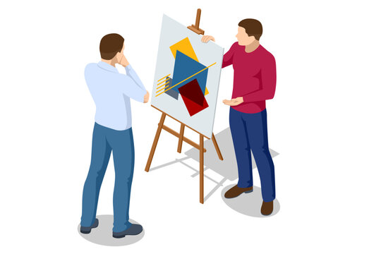 Isometric two male artists discussing an abstract drawing on an easel. Painting, drawing and artwork concept. Art, creativity, hobby, job and creative occupation