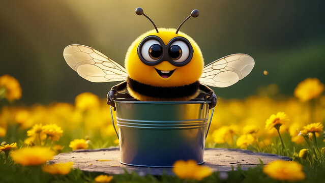 cute cartoon bee character, flowers, bucket