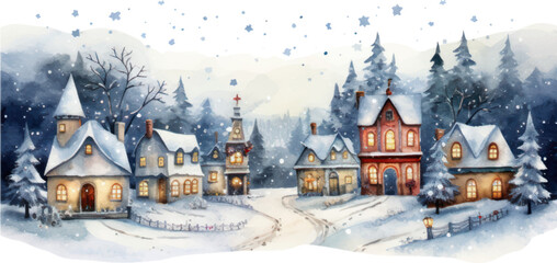 Christmas house in the snow watercolor Illustration for greeting cards, printing and other design projects.