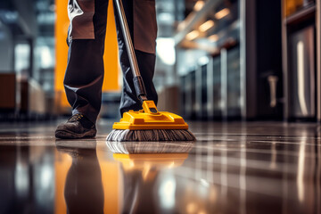 Close up of a man cleaning floor with a broom in the office - obrazy, fototapety, plakaty
