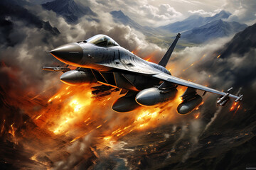 Fighter jet fighter in the sky with clouds. 3d ilustration - obrazy, fototapety, plakaty