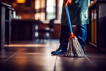 Close up of a man sweeping the floor with a mop. Cleaning service concept. - obrazy, fototapety, plakaty