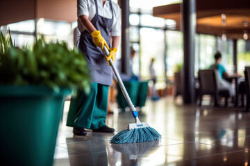 Close-up of young man cleaning floor with mop in office - obrazy, fototapety, plakaty