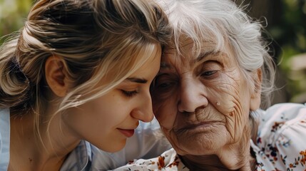 close up Caregiver woman sitting beside elderly woman. Take care elderly. Health care - obrazy, fototapety, plakaty