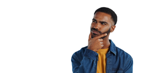 Confused, thinking and face of man with ideas, choice and decision on png and transparent background. Questions, isolated and person with hand gesture for brainstorming, problem solving and solution