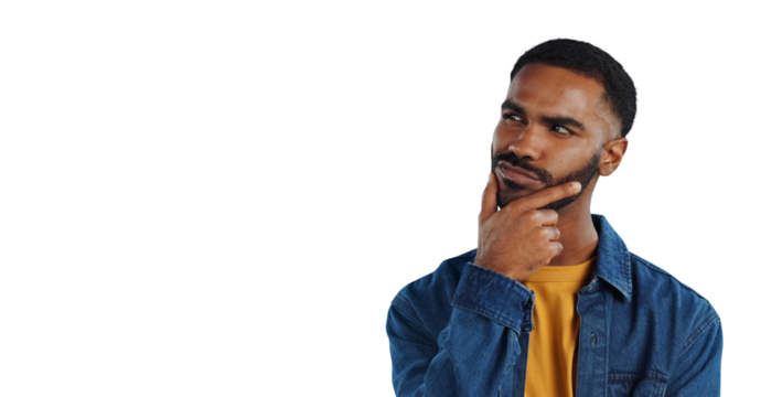 Confused, thinking and face of man with ideas, choice and decision on png and transparent background. Questions, isolated and person with hand gesture for brainstorming, problem solving and solution