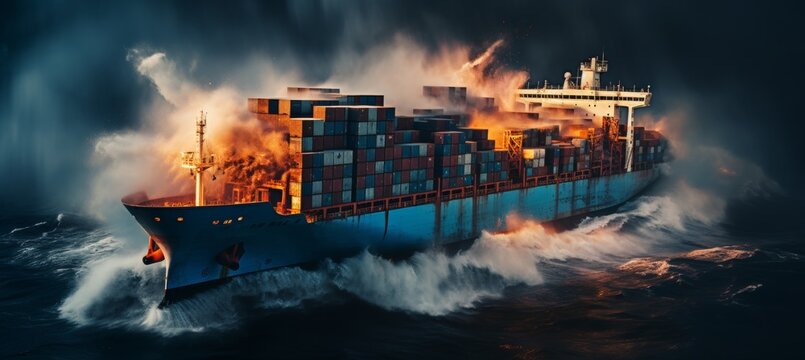 Cargo ship crash in storm, containers fall into blue waterbusiness insurance incident concept.