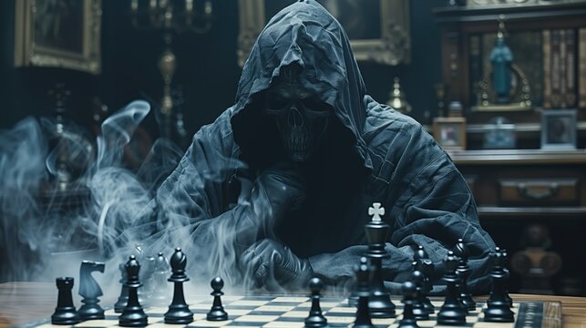 Chess board game concept of business idea, Grim Reaper is playing chess