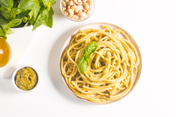 Spaghetti pasta with pesto sauce, basil, cashew and parmesan. Ingredients. 