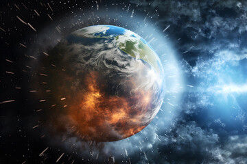 Illustration with meteorology and weather research on Earth. Global warming and demonstration of the threat of falling meteorites and excessive solar radiation. World Meteorological Day. - obrazy, fototapety, plakaty