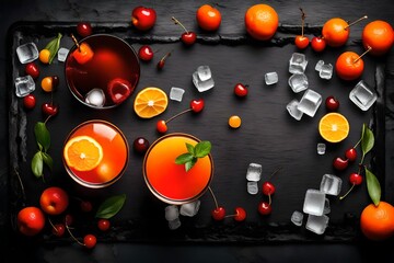 Tequila Sunrise cocktail, orange, ice cubes, maraschino cherries and jigger on a wet black slate tray. Cocktail Set. Top view with space for your text - obrazy, fototapety, plakaty