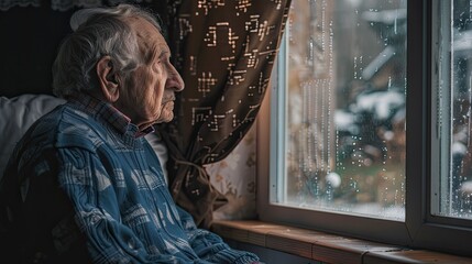 take care elderly. elderly senior male depressed at nursing home living room on quarantine looking out window feeling sad missing unhappy thoughtful in mental health care in older people