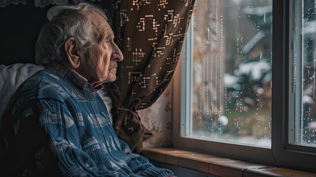 take care elderly. elderly senior male depressed at nursing home living room on quarantine looking out window feeling sad missing unhappy thoughtful in mental health care in older people