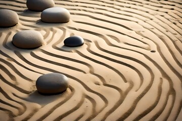 A tranquil scene of a zen garden with carefully raked sand and perfectly placed stones.