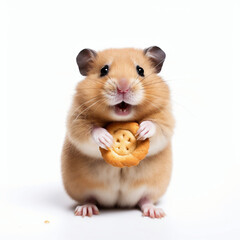 Hamster with a biscuit on a white background, studio shot