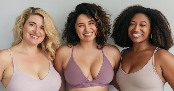 Inclusive studio portrait of three happy and confident curvy women with various diverse skin colors and body types, multi ethnic group posing with gray background