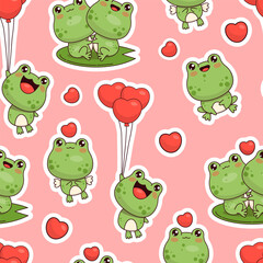 Seamless pattern with romantic frogs on pink background with hearts. Cute romantic kawaii animal character. Vector illustration.