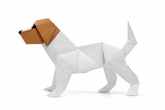Origami figure of a dog. Studio photography with white background
