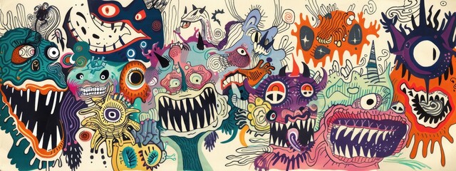 Obraz premium Monster colorful background. Full of monsters, doodling, drawn by colorful heavy marker. 