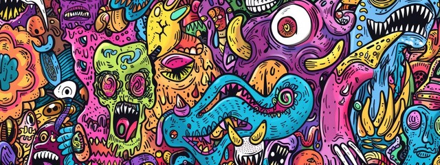 Monster colorful background. Full of monsters, doodling, drawn by colorful heavy marker. 