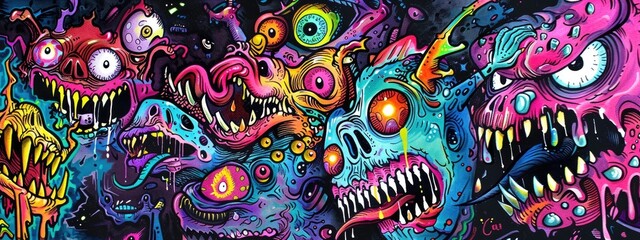 Naklejka premium Monster colorful background. Full of monsters, doodling, drawn by colorful heavy marker. 