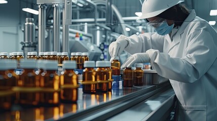 staff check Medical vials on production line , Pharmaceutical machine working pharmaceutical glass bottles production line - obrazy, fototapety, plakaty