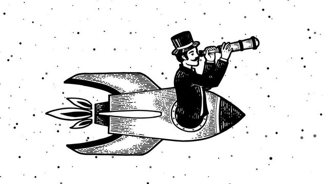 Old fashioned gentleman flies in rocket and looks through telescope sketch engraving style cartoon video animation. Scratch board style imitation. High quality 4k footage