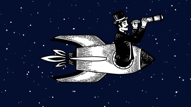 Old fashioned gentleman flies in rocket and looks through telescope sketch engraving style cartoon video animation. Scratch board style imitation. High quality 4k footage