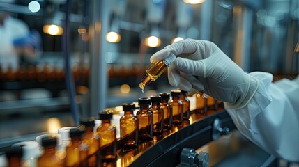 staff check Medical vials on production line , Pharmaceutical machine working pharmaceutical glass bottles production line