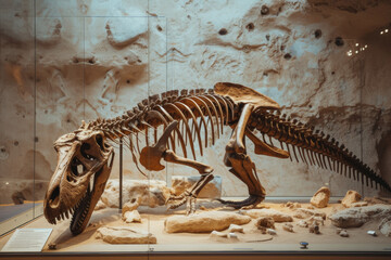 Fototapeta na wymiar Dinosaur skeleton. Backdrop with selective focus and copy space
