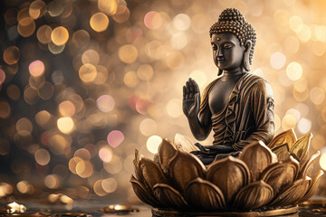 Buddha statue with a lotus flower on an abstract beautiful decorative shining background, Asia faith spirit and culture.