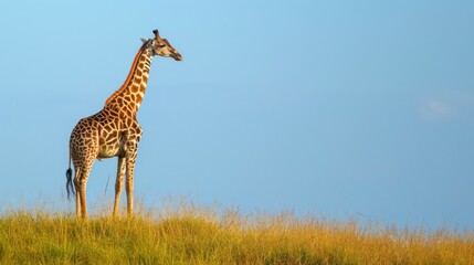 Obraz premium a tall giraffe standing on top of a lush green field next to a tall dry grass covered hillside.