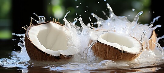 Cracking open a coconut to extract fresh coconut water for making tropical pina coladas - obrazy, fototapety, plakaty