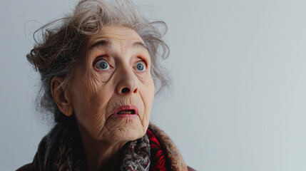 Mujer mayor con expresión de sorpresa sobre un fondo liso de color claro